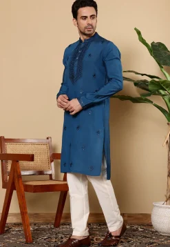 Embroidered Viscose Silk Kurta in Teal Blue