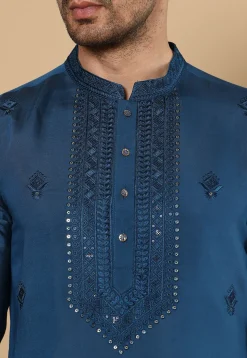 Embroidered Viscose Silk Kurta in Teal Blue