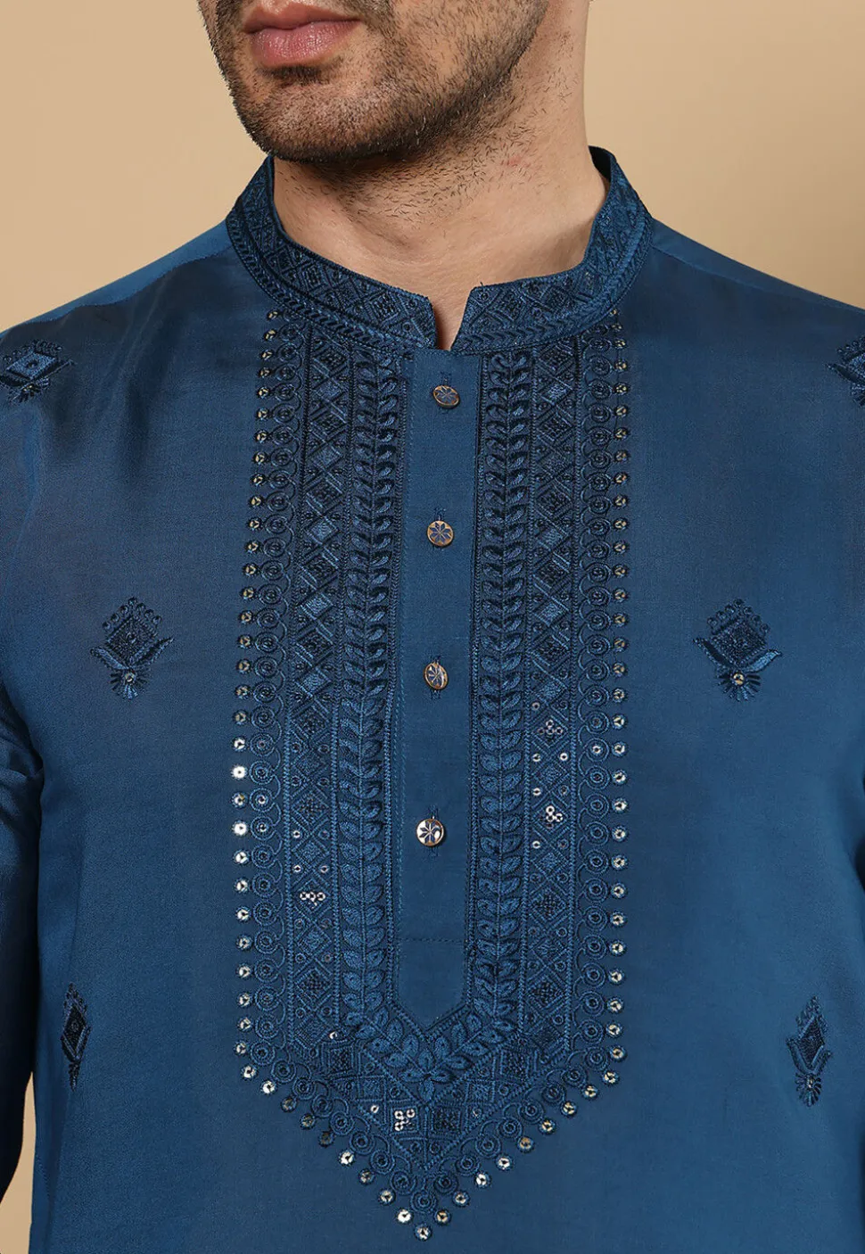 Embroidered Viscose Silk Kurta in Teal Blue