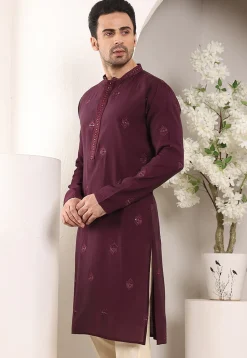 Embroidered Viscose Silk Kurta in Violet
