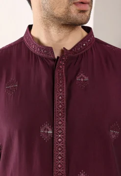 Embroidered Viscose Silk Kurta in Violet