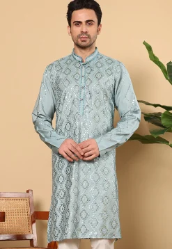 Embroidered Viscose Silk Kurta in Dusty Blue