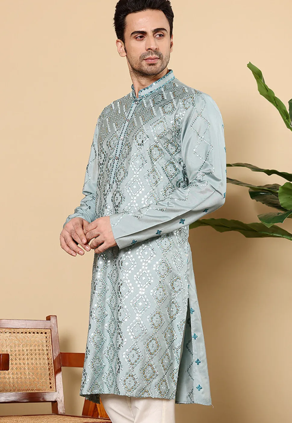 Embroidered Viscose Silk Kurta in Dusty Blue