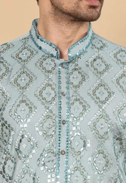 Embroidered Viscose Silk Kurta in Dusty Blue