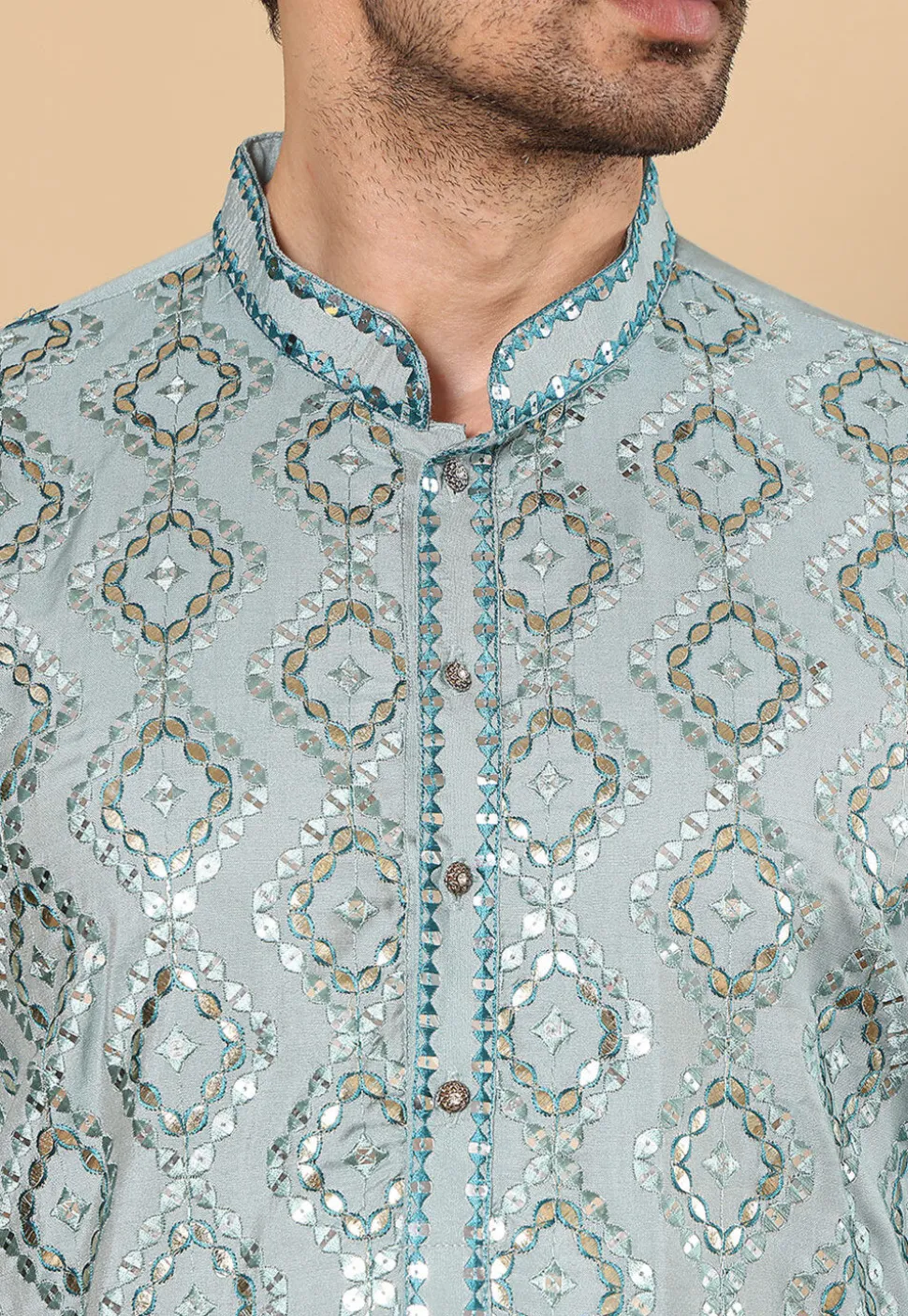 Embroidered Viscose Silk Kurta in Dusty Blue