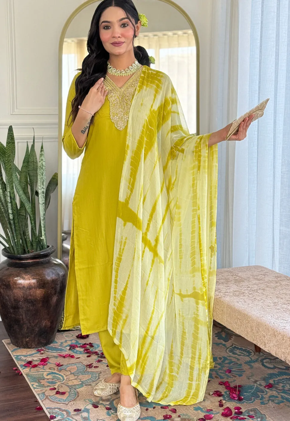Embroidered Viscose Silk Pakistani Suit in Yellow
