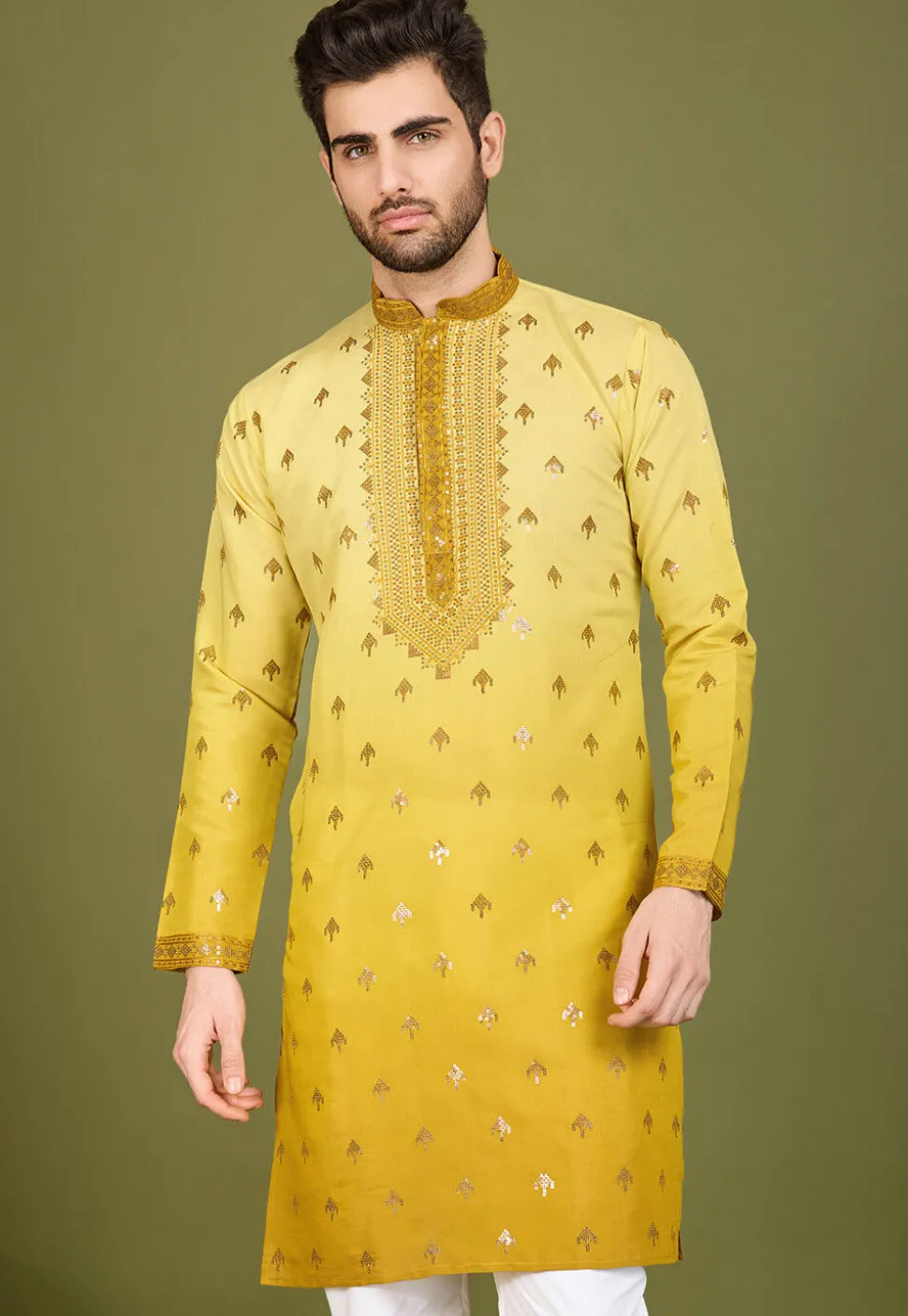 Embroidered Viscose Silk Kurta in Yellow Ombre