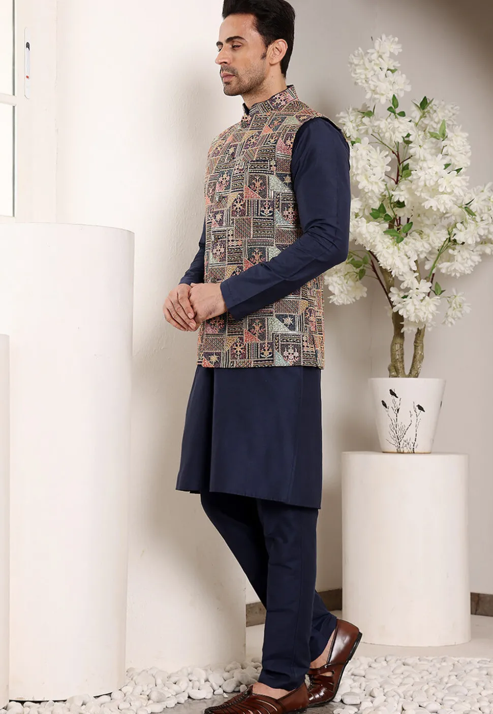 Embroidered Viscose Silk Kurta Set in Navy Blue