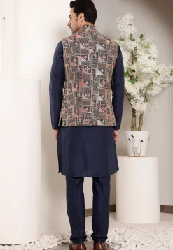 Embroidered Viscose Silk Kurta Set in Navy Blue