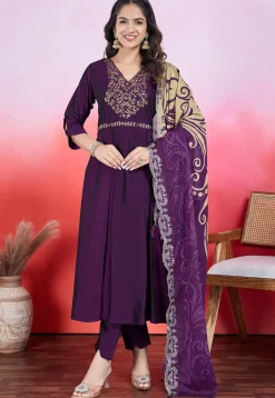 Embroidered Viscose Silk A Line Suit in Purple