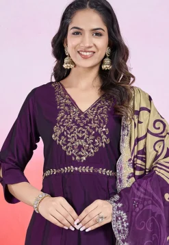 Embroidered Viscose Silk A Line Suit in Purple