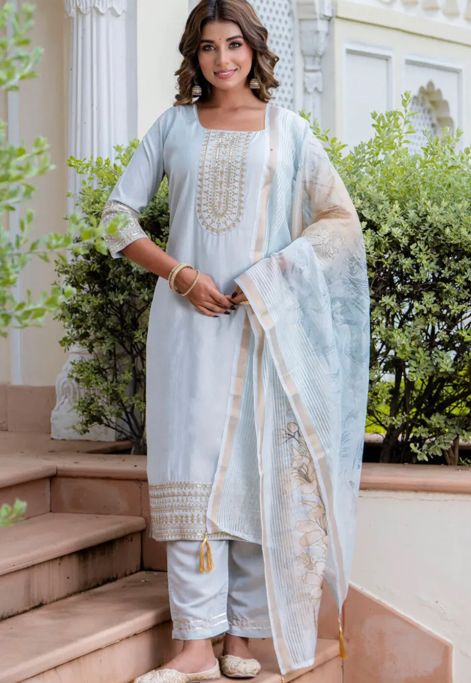 Embroidered Viscose Silk Pakistani Suit in Light Blue