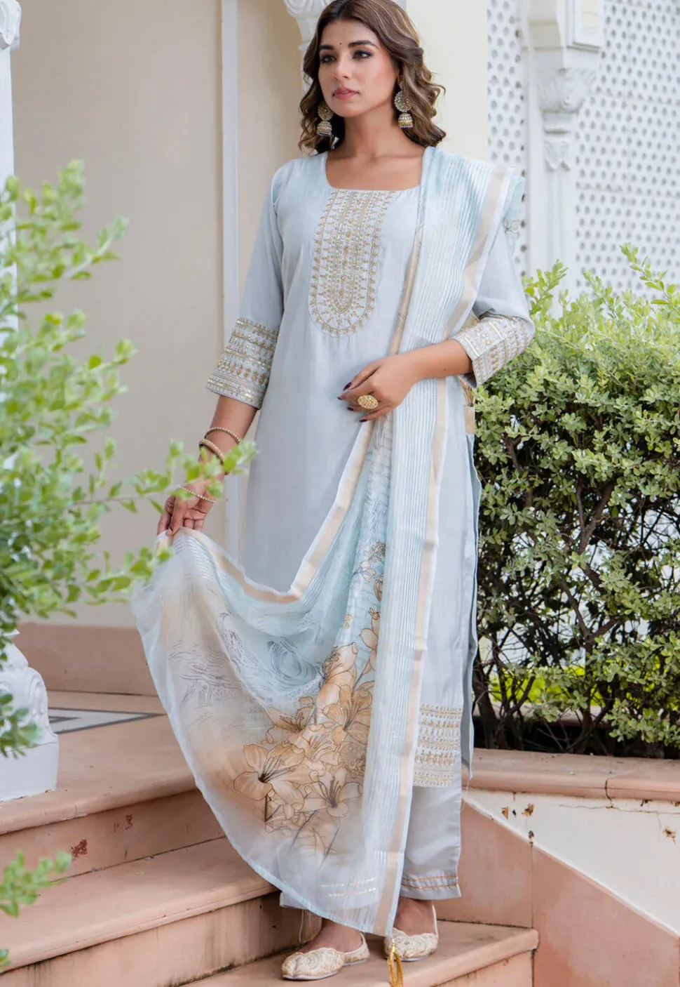 Embroidered Viscose Silk Pakistani Suit in Light Blue
