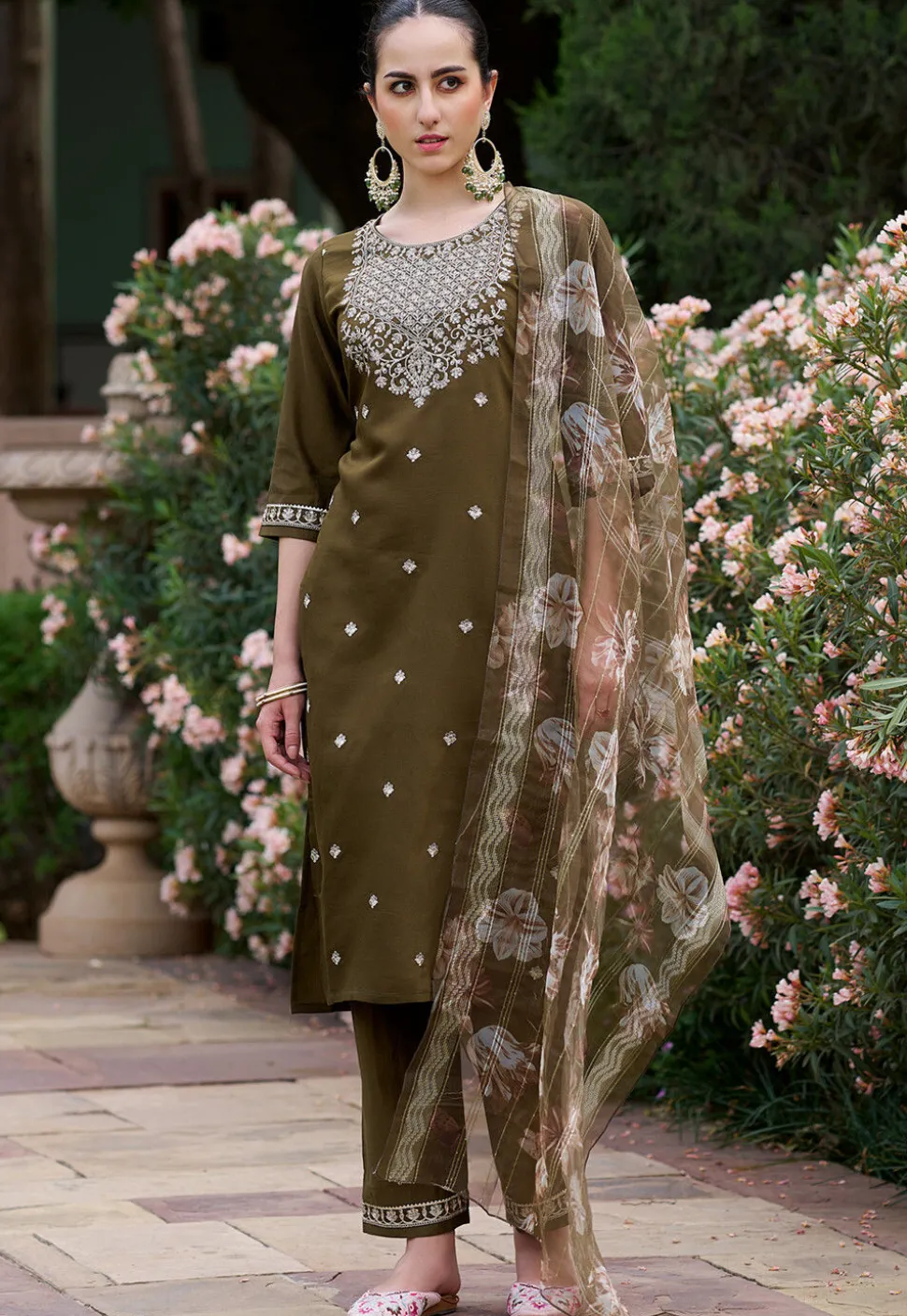 Embroidered Viscose Silk Pakistani Suit in Dark Olive Green