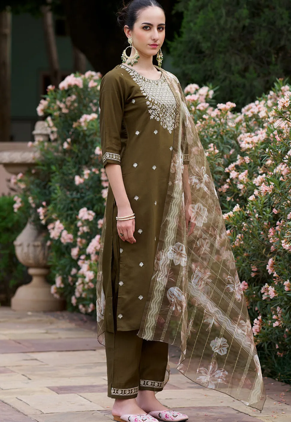 Embroidered Viscose Silk Pakistani Suit in Dark Olive Green