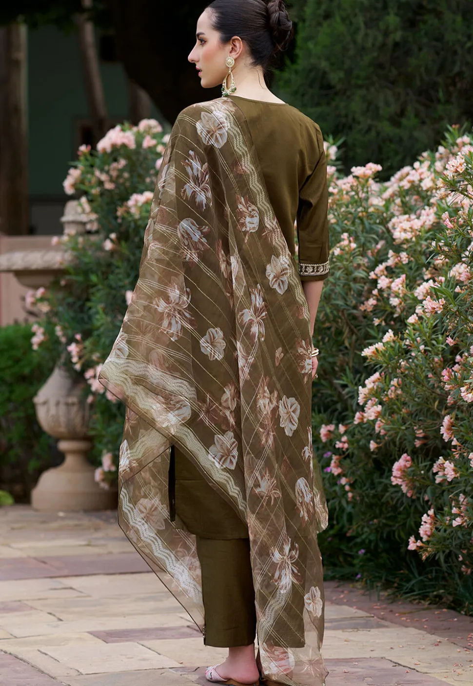 Embroidered Viscose Silk Pakistani Suit in Dark Olive Green