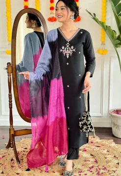 Embroidered Viscose Silk Pakistani Suit in Black
