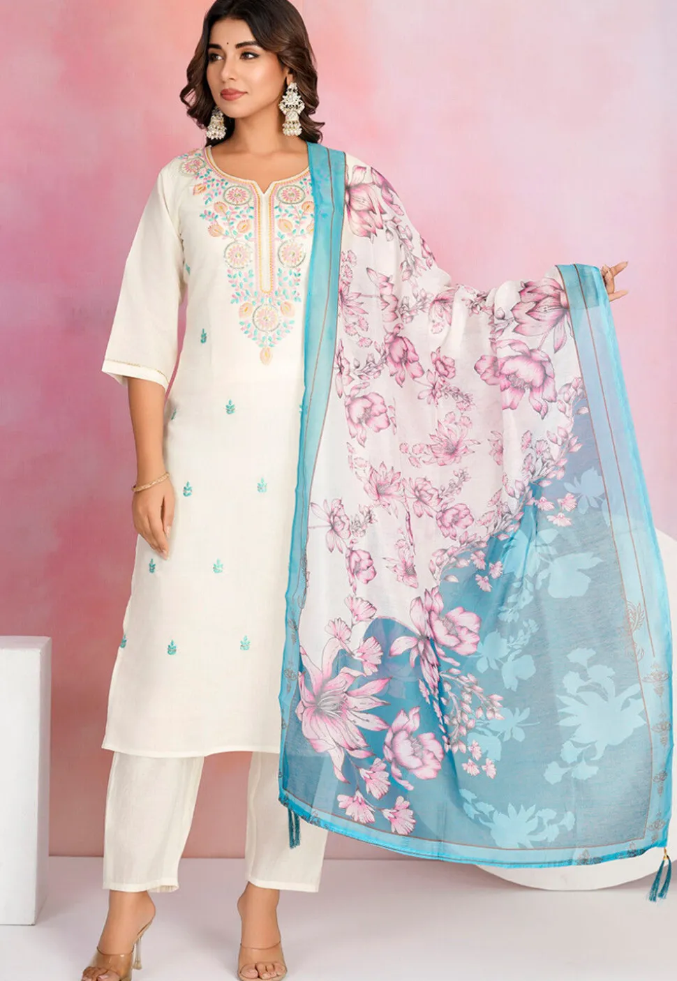 Embroidered Viscose Silk Pakistani Suit in Off White