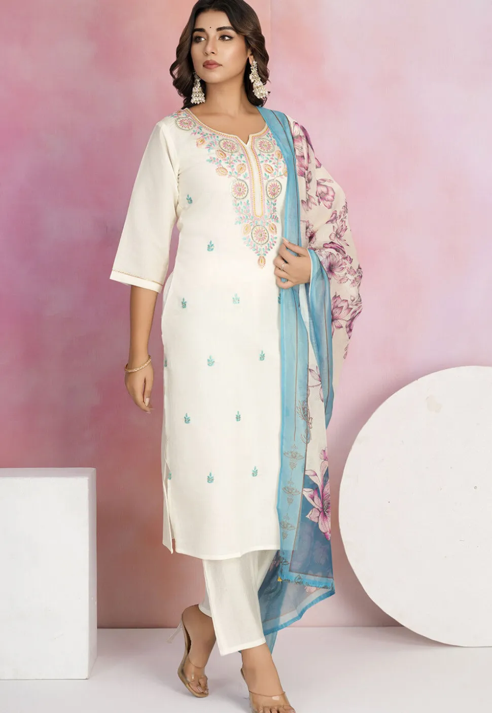 Embroidered Viscose Silk Pakistani Suit in Off White