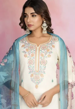 Embroidered Viscose Silk Pakistani Suit in Off White