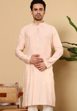 Embroidered Viscose Silk Kurta in Peach
