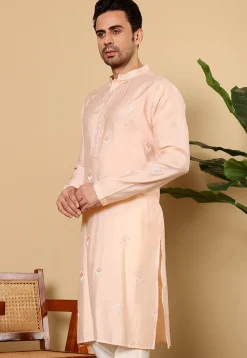 Embroidered Viscose Silk Kurta in Peach