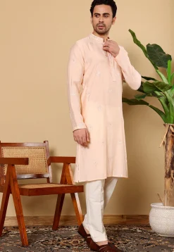 Embroidered Viscose Silk Kurta in Peach
