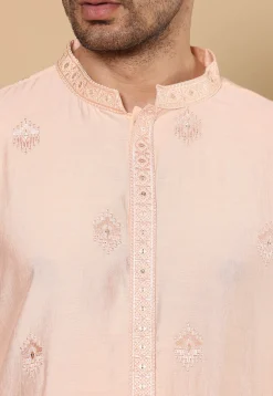 Embroidered Viscose Silk Kurta in Peach
