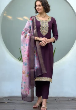 Embroidered Viscose Silk Pakistani Suit in Purple