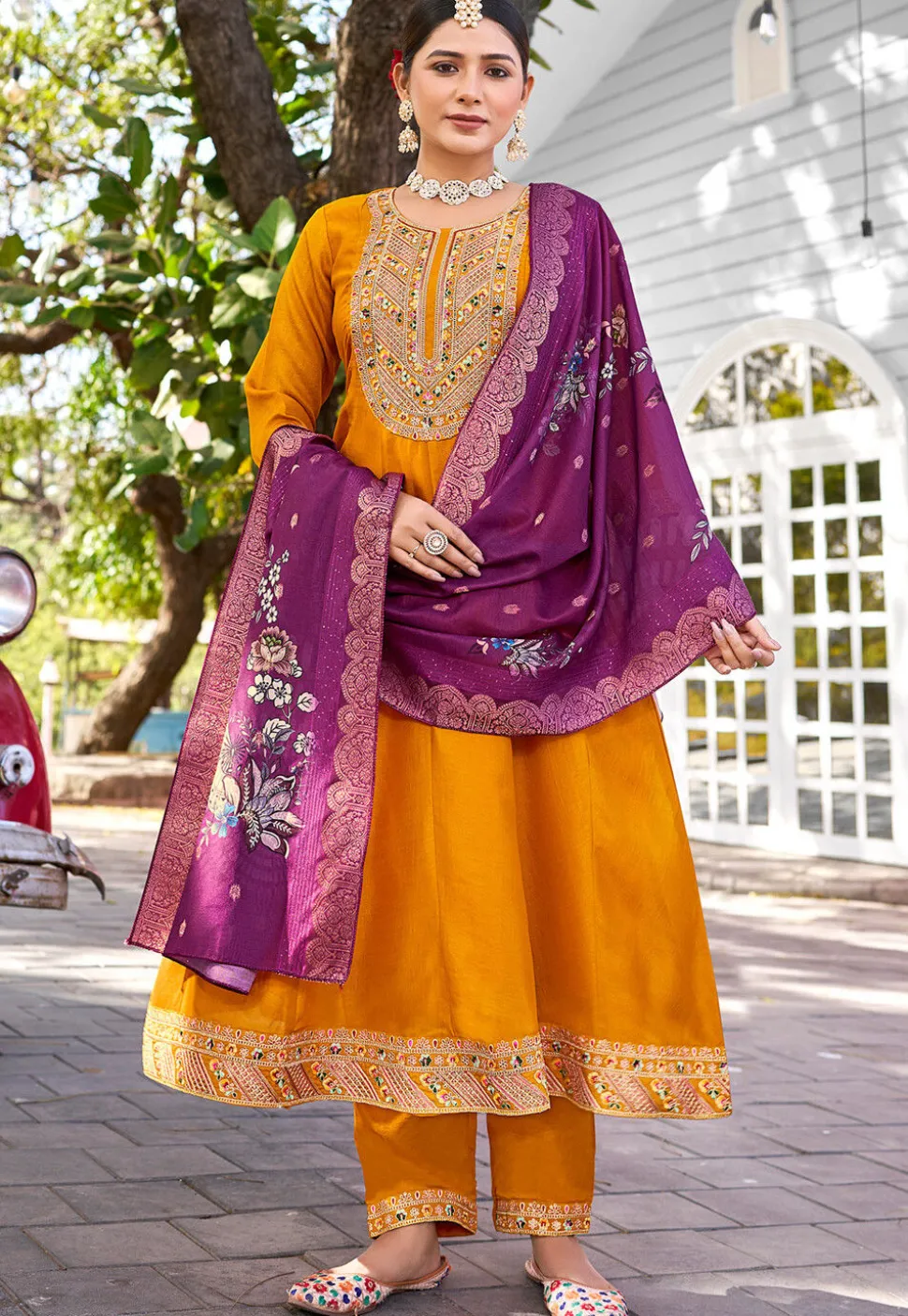 Embroidered Viscose Silk Anarkali Suit in Yellow