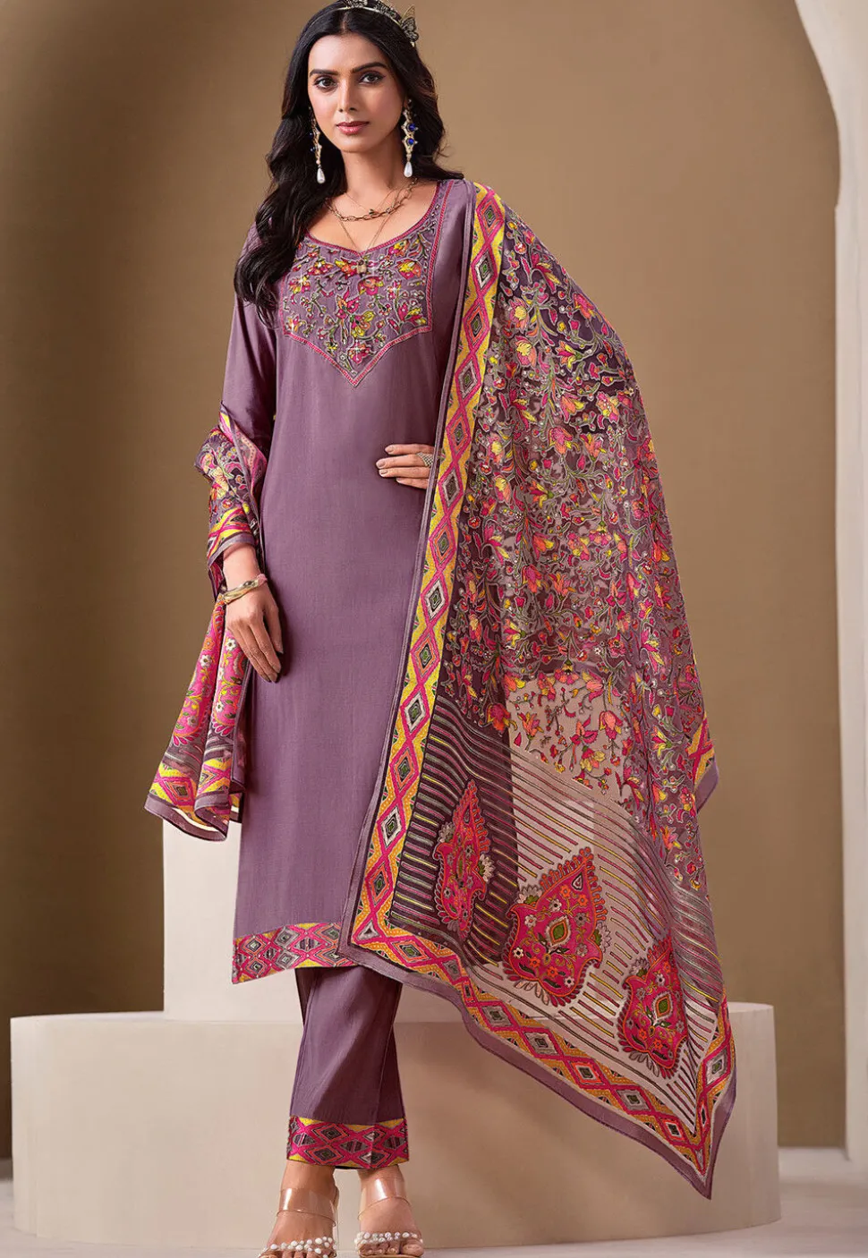 Embroidered Viscose Silk Pakistani Suit in Purple