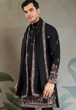Embroidered Viscose Silk Kurta in Black