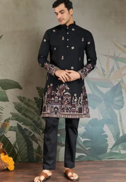 Embroidered Viscose Silk Kurta in Black