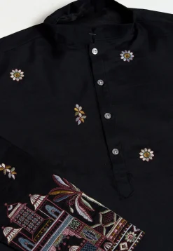 Embroidered Viscose Silk Kurta in Black