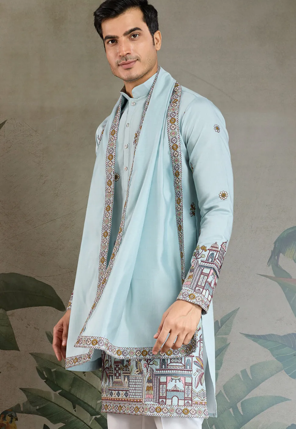 Embroidered Viscose Silk Kurta in Light Blue