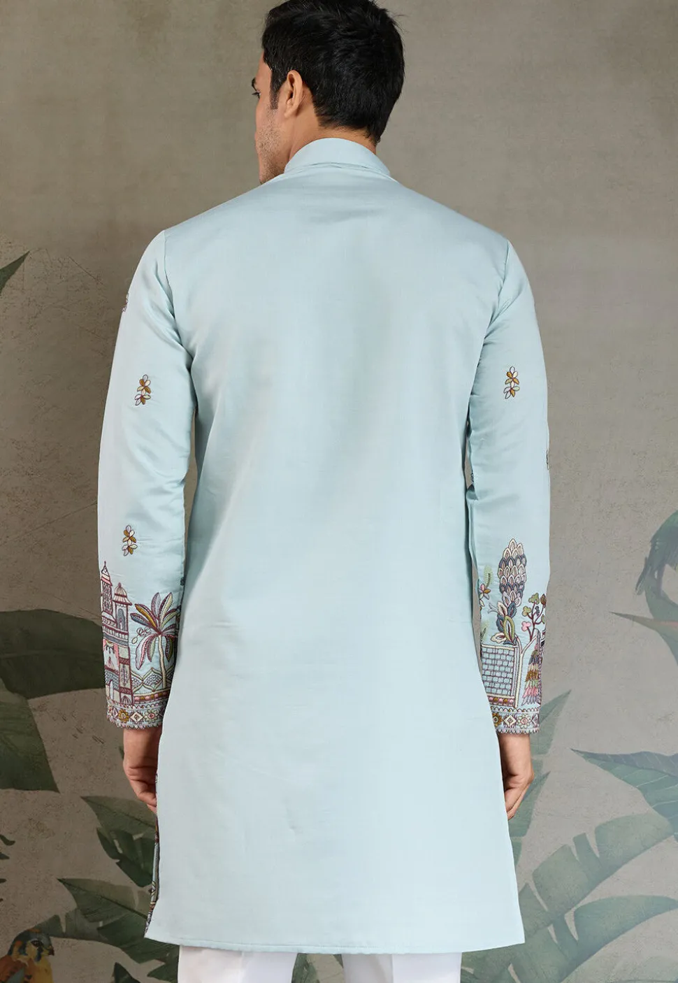 Embroidered Viscose Silk Kurta in Light Blue