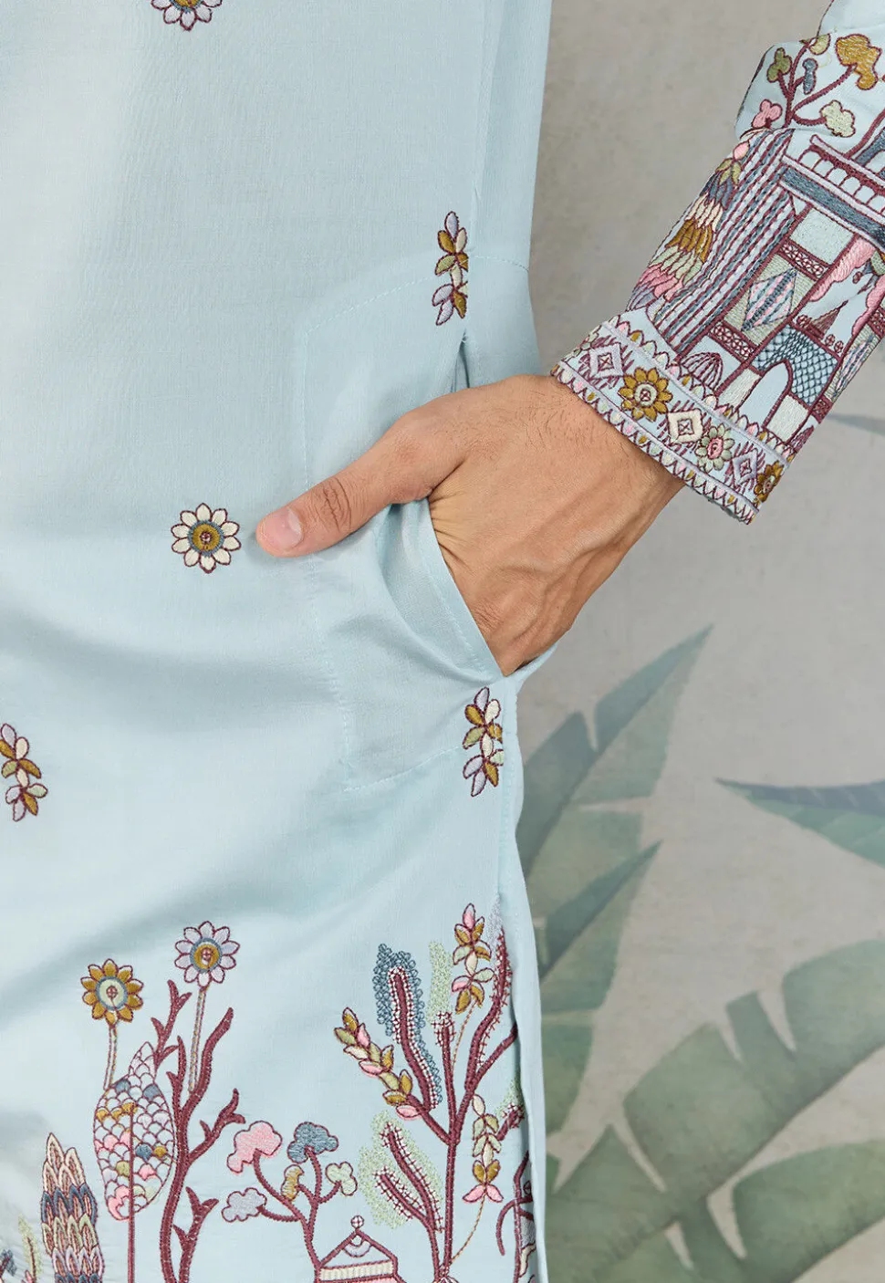 Embroidered Viscose Silk Kurta in Light Blue