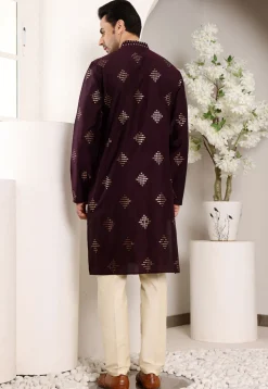 Embroidered Viscose Silk Kurta Set in Violet