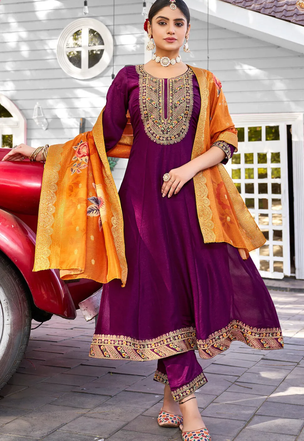 Embroidered Viscose Silk Anarkali Suit in Wine