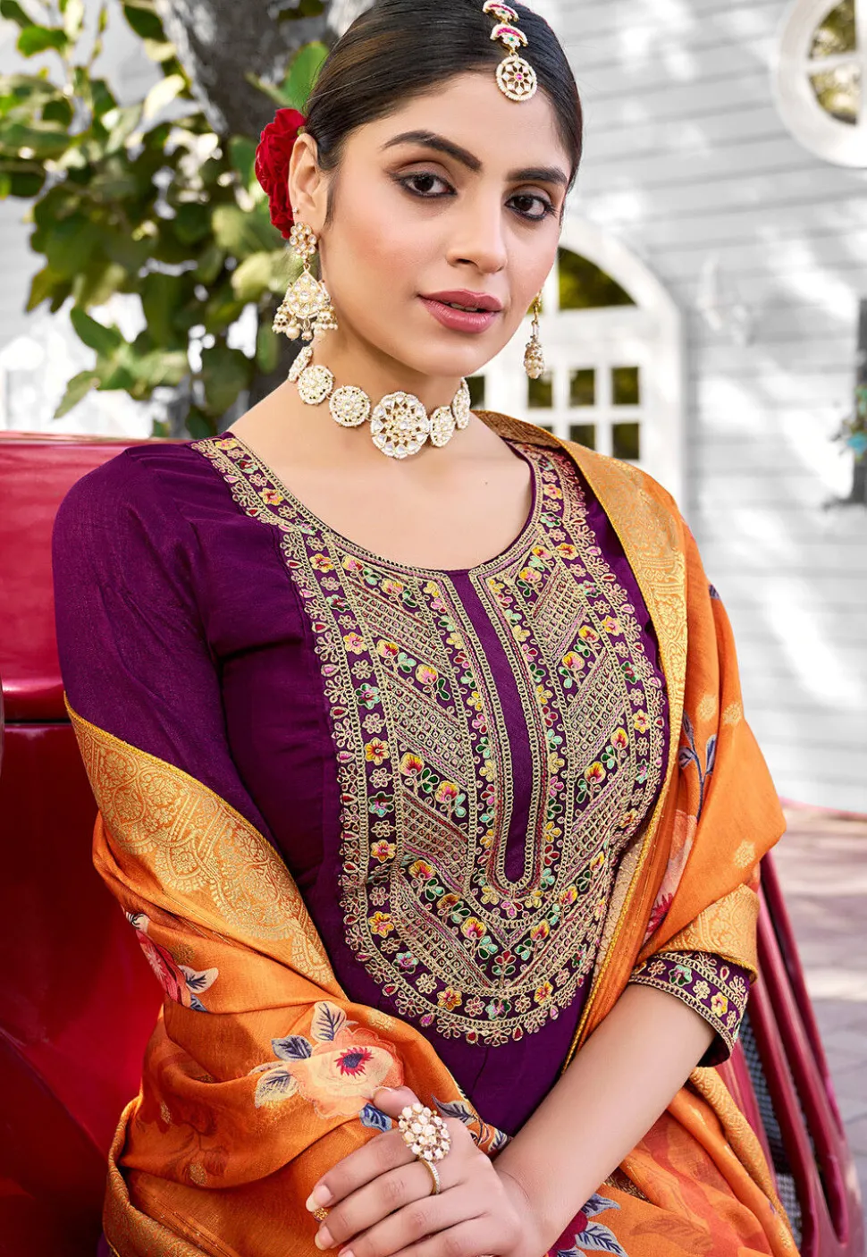 Embroidered Viscose Silk Anarkali Suit in Wine