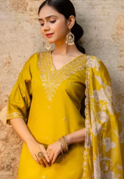 Embroidered Viscose Silk Pakistani Suit in Yellow
