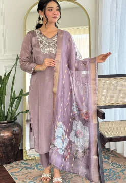 Embroidered Viscose Silk Pakistani Suit in Dusty Purple