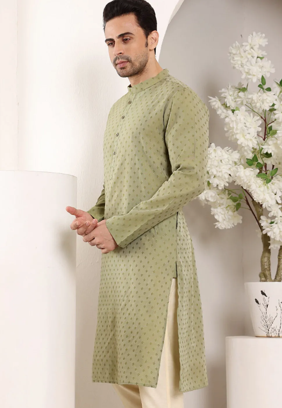 Embroidered Viscose Silk Kurta in Dusty Green