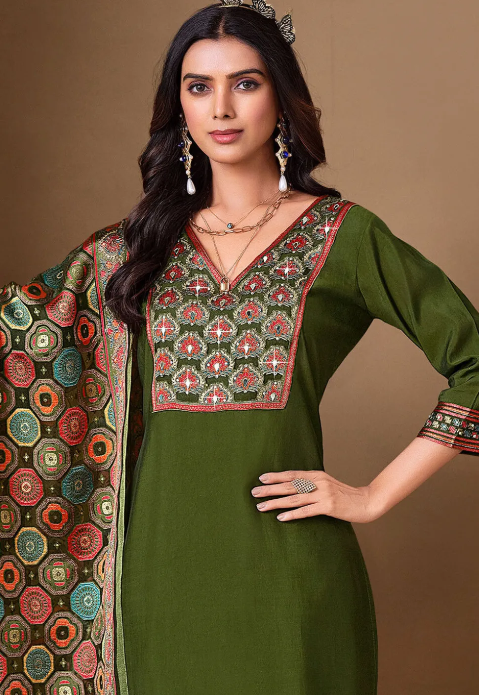 Embroidered Viscose Silk Pakistani Suit in Olive Green