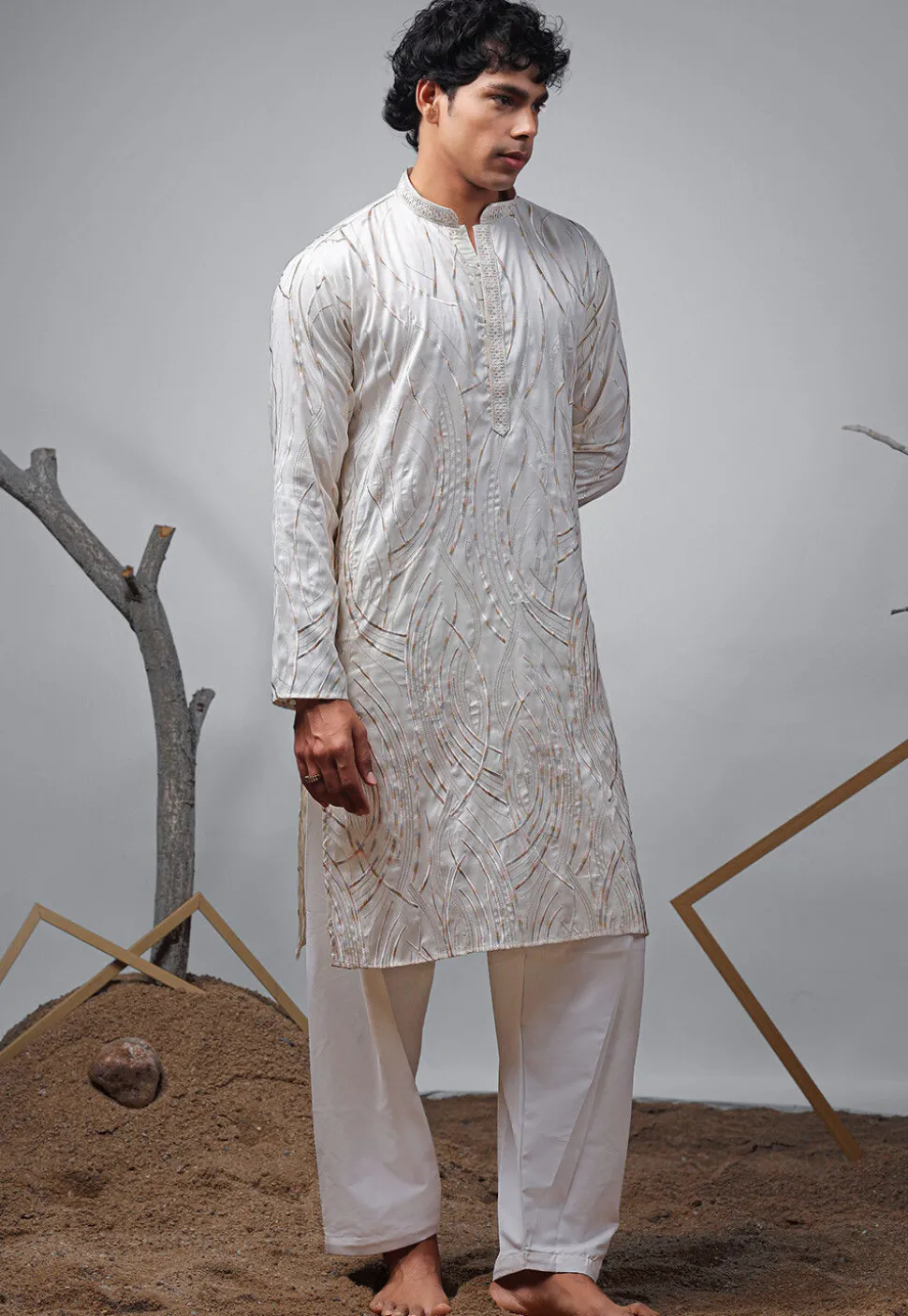 Embroidered Viscose Silk Kurta Set in Off White
