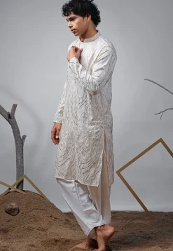 Embroidered Viscose Silk Kurta Set in Off White