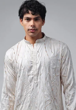 Embroidered Viscose Silk Kurta Set in Off White