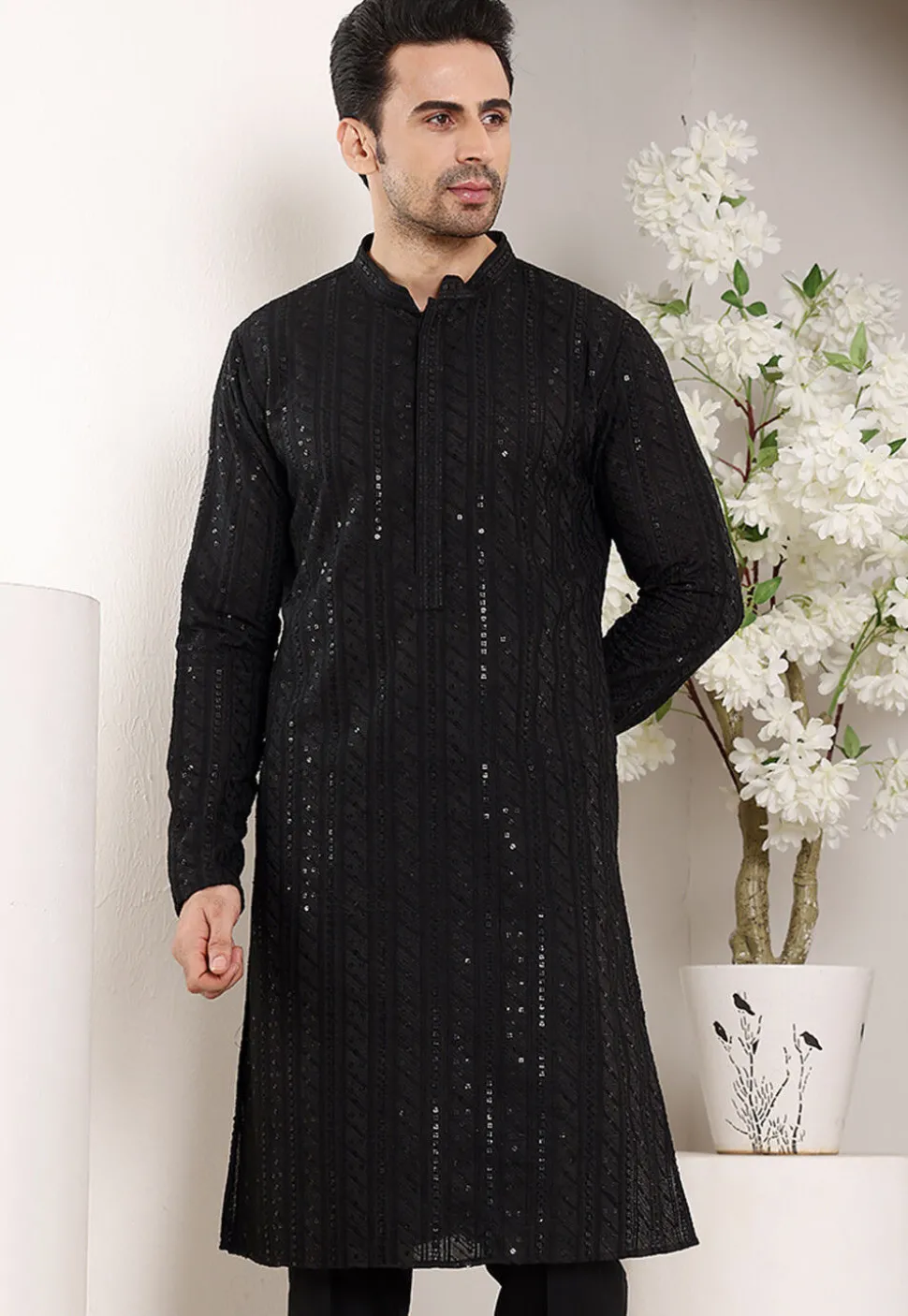 Embroidered Viscose Silk Kurta in Black