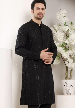 Embroidered Viscose Silk Kurta in Black