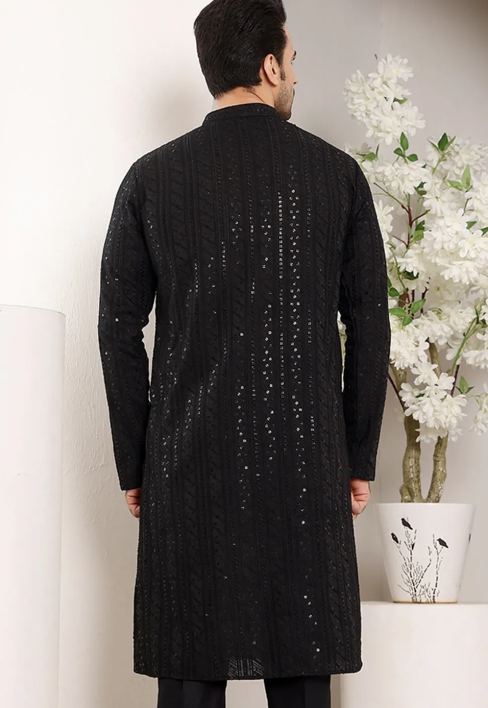 Embroidered Viscose Silk Kurta in Black